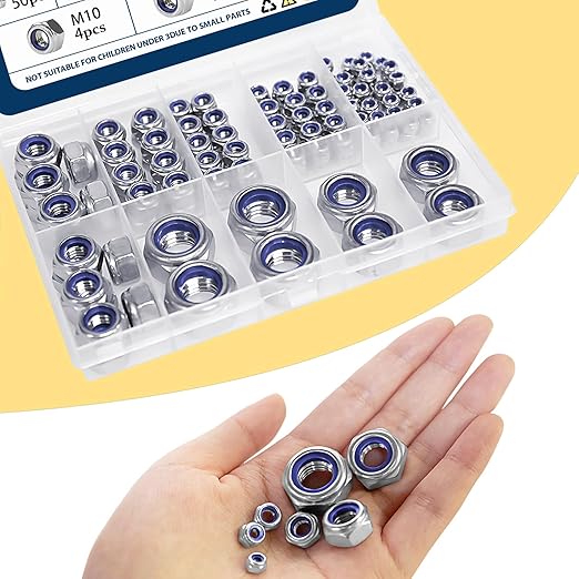 Locknuts Assortment Kit,M3 M4 M5 M6 M8 M10 M12 140PCS Metric Nylon Insert Lock Nuts Set,304 Stainless Steel Lock Nuts for Bolt