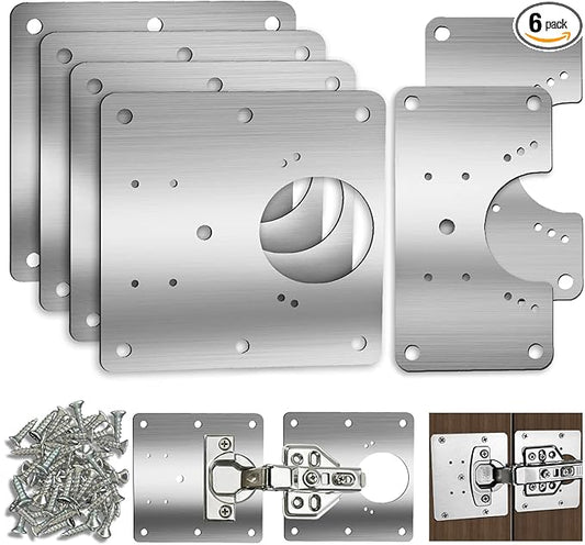 6 PCS Cabinet Hinge Repair Plate, Hinges Repair Fixing Plates, Stainless Steel Cabinet Repair Board, Kitchen Cupboard Door Hinge Repair Brackets Kit, Cabinet Fixing Plate Bracket with Mounting Screw