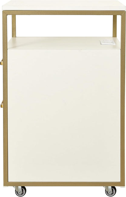 Modern 2-Drawer Rolling File Cabinet with Lock, 2 USB Ports and Power Outlet for Device Charging, Portable File Organizer or Printer Stand for Office or Home with Locking Wheels, White & Gold