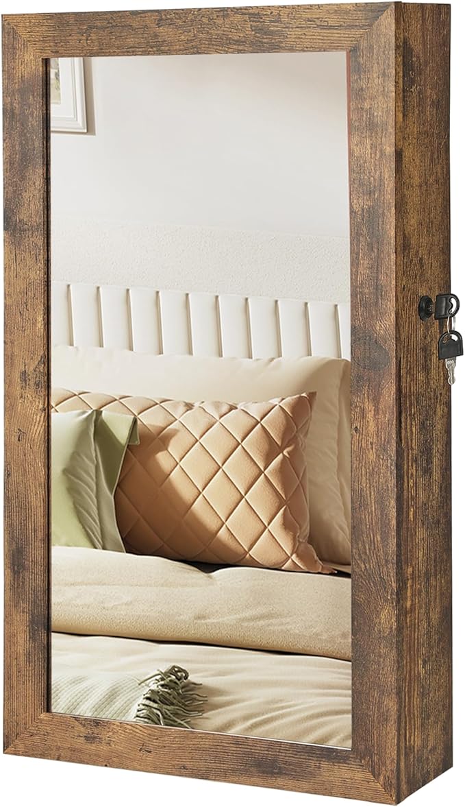 SONGMICS Lockable Jewelry Cabinet Armoire with Mirror, Wall-Mounted Space Saving Jewelry Storage Organizer, Rustic Brown UJJC051K01