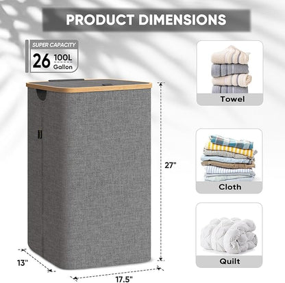 BALEINE Laundry Hamper with Lid, Tall Laundry Baskets with Bamboo Pull Handles, Large Laundry Bin with Internal Support (26 Gal/100L, Grey) (Pack of 2)
