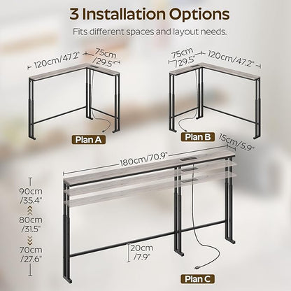 70.9" Narrow Console Table with Adjustable Height (27.6"-35.4"), L Shaped Sofa Table Narrow Long, Skinny Behind Couch Table with USB-C Ports, 5.9" Wide Sofa Side Table, Greige CT28UBG