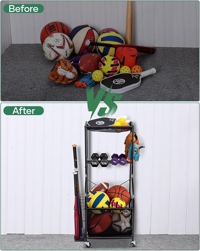 Sports Equipment Garage Organizer - Rolling Ball Storage with wheels, 3-Tier Sports gear Storage Rack Indoor & Outdoor Balls Cart with Hooks for Home, Garage (Black)
