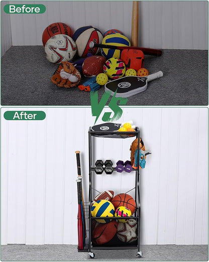 Sports Equipment Garage Organizer - Rolling Ball Storage with wheels, 3-Tier Sports gear Storage Rack Indoor & Outdoor Balls Cart with Hooks for Home, Garage (Black)