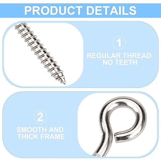 Aovchei Eye Screws, 8Pcs 3.25 inches 304 Heavy Duty Stainless Steel Screw Hooks, Rust-Resistant Self Tapping Eyelet Bolts for Wood, Securing Cables Wires, Indoor & Outdoor for Hanging Artwork