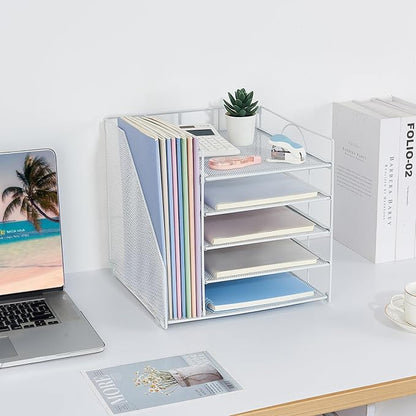 Desk Organizers and Accessories, 5-Tier Paper Letter Tray Organizer with File Holder, Desktop Organizer for Office Supplies (White)