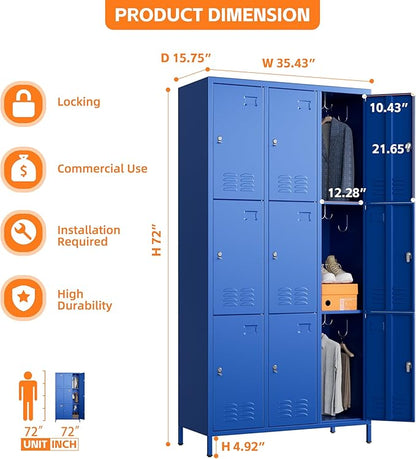 Aobabo New 9 Doors Metal Storage Locker for Employees, Lockable Steel Locker with Name Card Slot and 27 Hooks for School Office Gym Garage, Blue, Assembly Required