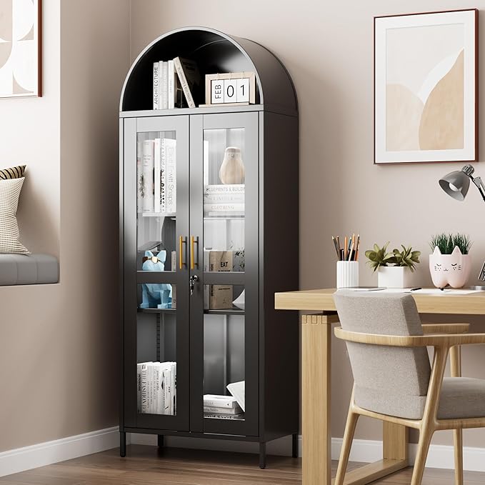 72.83'' H Metal Arched Cabinet with Glass Door,Arched Display Cabinet with LED Strip,Lockable Door and 2 Adjustable Shelves for Home Office,Assembly Required, Black