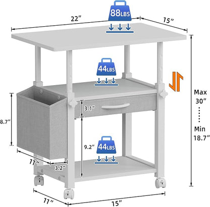 YAOHUOO Large 22"x15" Printer Stand, 3-Tier Height Adjustable with Storage Drawer & Side Bag, Rolling Cart for Heat Press/Laser/3D Printer (White)