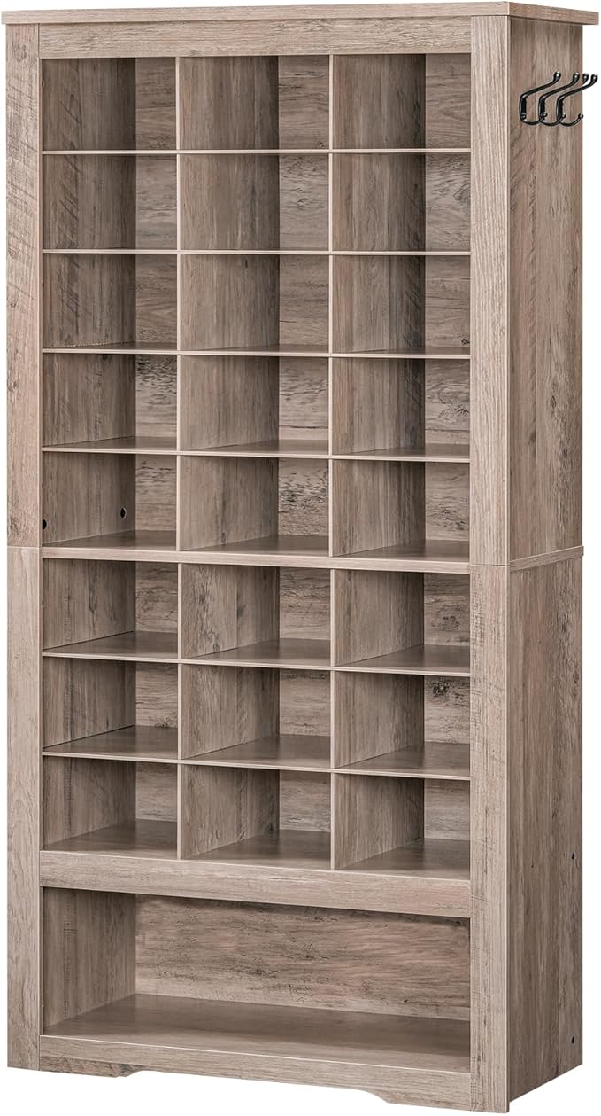 HOOBRO Tall Shoe Cabinet, 9 Tier Shoe Storage Cabinet, Freestanding Wooden Shoe Cabinet Organizer with 24 Cubbies and 3 Hooks, for Entryway, Closet, Living Room, Greige BG24SC01
