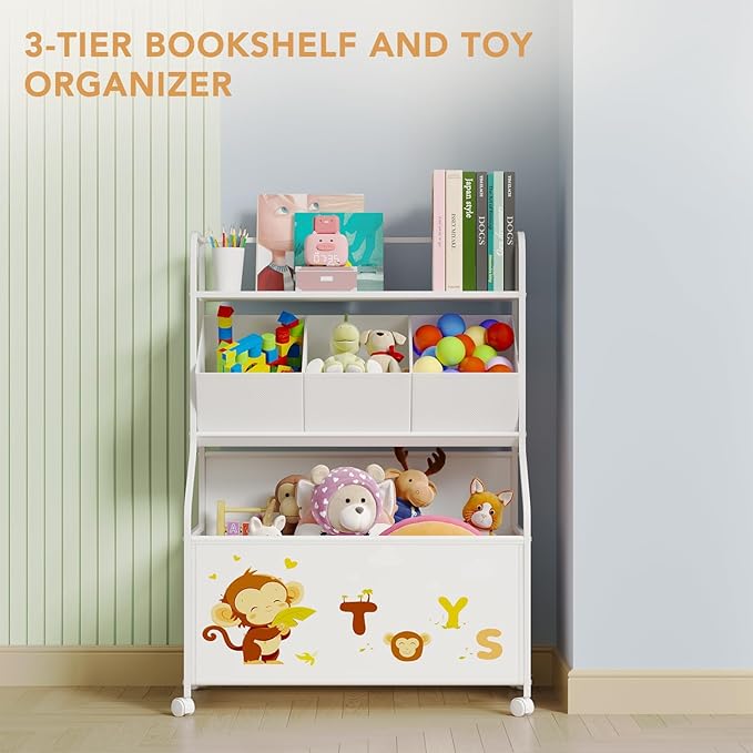 BBLIKE Toy Storage Organizer with Wheels - 3-Tier Kids Large Toy Box, Toy Chest Storage for Boys Girls Toddlers, Kids Bookshelf with 3 Fabric Toy Boxes for Playroom, White