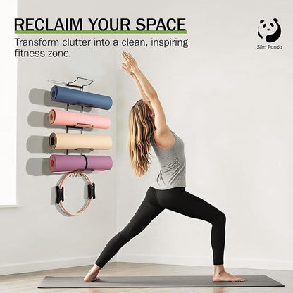 Slim Panda Yoga Mat Holder Wall Mount With Mesh Bag,Yoga Accessories Storage Rack,Home Gym Organizer with 5-Tier & 3 Hooks for Hanging Yoga Mats, Foam Roller, Resistance Bands, Space Saver