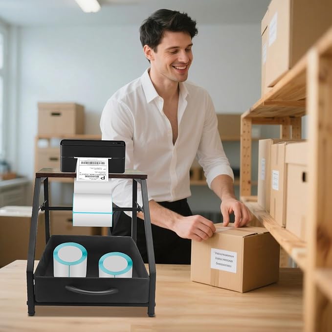 Thermal Printer Stand with Drawer, Desktop Label Holder for Rolls and Fan-Fold Labels, Organizer for 4x6 Shipping Label Printer - Home Office & Small Business Essentials