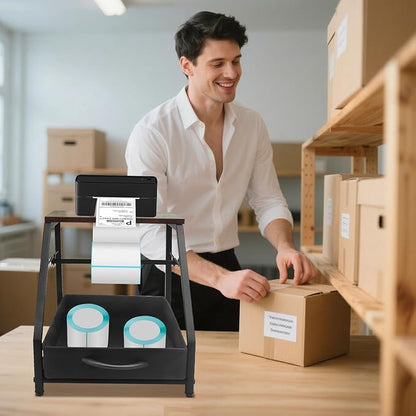 Thermal Printer Stand with Drawer, Desktop Label Holder for Rolls and Fan-Fold Labels, Organizer for 4x6 Shipping Label Printer - Home Office & Small Business Essentials