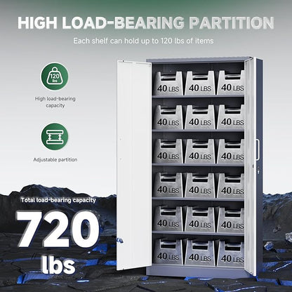 Letaya Metal Storage Cabinet with Lock Door and 5 Shelves,6 Tier Steel Garage Tool Cabinet for Home Office Utility Room 72" H X 36" W X18 D (White Gray)