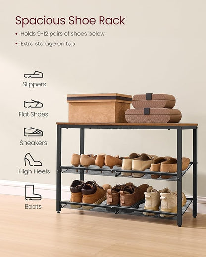 VASAGLE Shoe Rack for Entryway, 3-Tier Shoe Rack Organizer with Storage Shelves and Spacious Top, Freestanding, Adjustable, Industrial, Rustic Brown and Ink Black ULBS043KD01