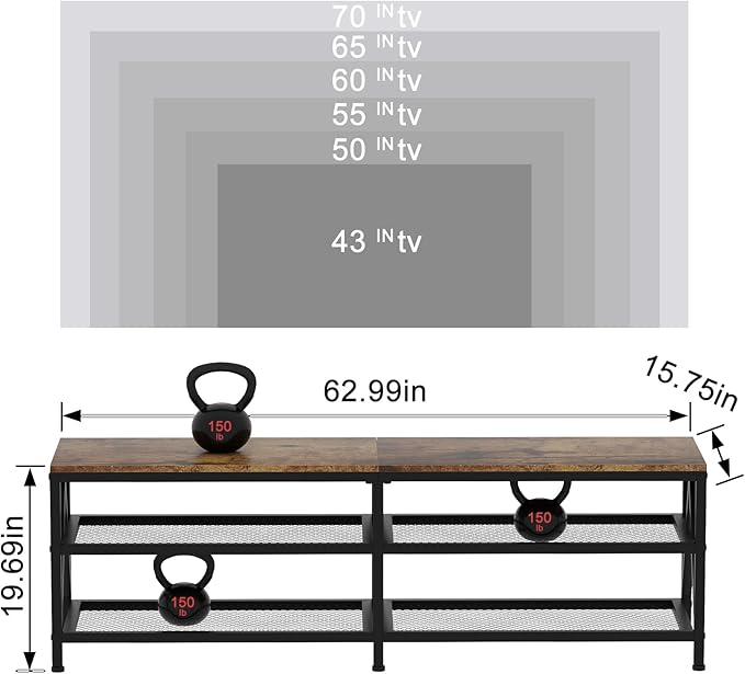 TV Stand for TVs up to 70 Inch, 63" Long Industrial TV Console Table with 3-Tier Storage Shelves, Entertainment Center for Living Room, Bedroom (Brown)