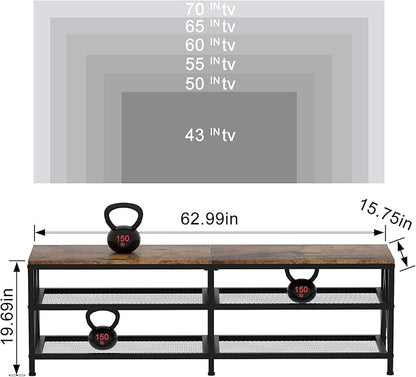 TV Stand for TVs up to 70 Inch, 63" Long Industrial TV Console Table with 3-Tier Storage Shelves, Entertainment Center for Living Room, Bedroom (Brown)
