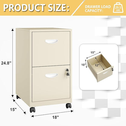2 Drawer File Cabinet on Wheels, Mobile Two Drawer Filing Cabinet, Small Rolling Files Cabinets for Under Desk, Metal Filing Cabinets for Letter Size Folders, Cream - Assembly Required