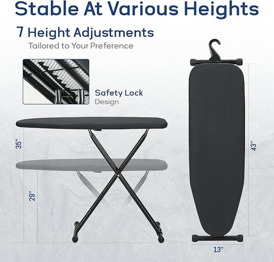 Ironing Board 43x13 with Iron Rest, RAINHOL Compact Iron Board Full Size with Thick Cover and Pad, Easy Storage Hanger with Heat-Resistant Silicone Pad, Space Saving and Height Adjustable, Black