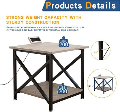 Large Printer Stand with Power Outlet, with Storage Shelf, 2 Tier Rolling Printer Cart with Industrial Wheels, 23.6 x 23.6 Inches Printer Table for Home Office,Greige