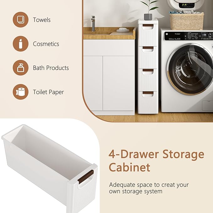 VECELO 4-Drawer Narrow Bathroom Storage Cabinet, Mobile Plastic Slim Rolling Organizer Cart with Built-in 4 Wheels for Living Room, Kitchen, Bathroom, Bedroom, Office, White(16.5" x 7.5" x 28.9")
