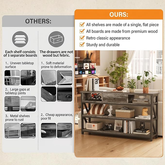 Mexin 39 Inch Console Table with 2 Outlet and 2 USB Ports, Entryway Table with Drawer and Storage Shelves, Narrow Sofa Table for Living Room and Hallway, Grey Oak
