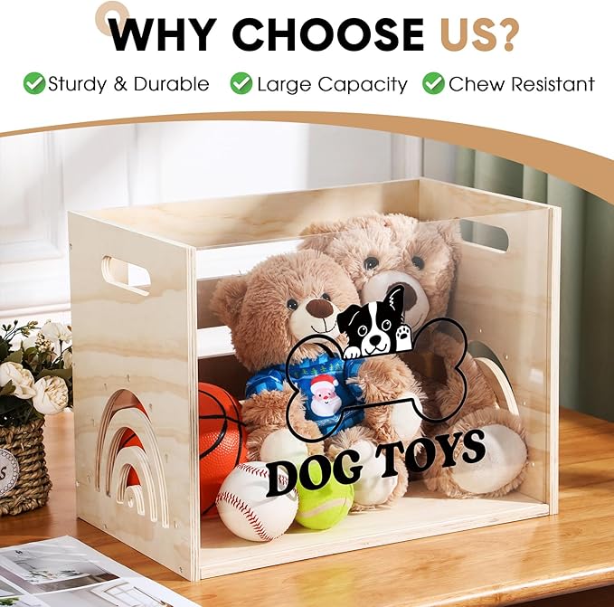 Large Dog Toy Basket Dog Toy Box Wooden Storage Bin with Acrylic Board Storage Box for Puppy Toys Pet Food and Accessories Organizer Holder Basket for Living Room Area(Wood, Dog)