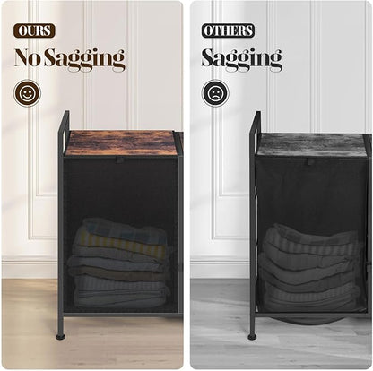 Laundry Hamper, Laundry Basket, Laundry Sorter with 3 Cloth Drawer and 1 Large Removable Dirty Clothes Bag, Shelf, Metal Frame, Wooden Tabletop, 30.8 x 11.3 x 29.1 Inches, Rustic Brown and Black