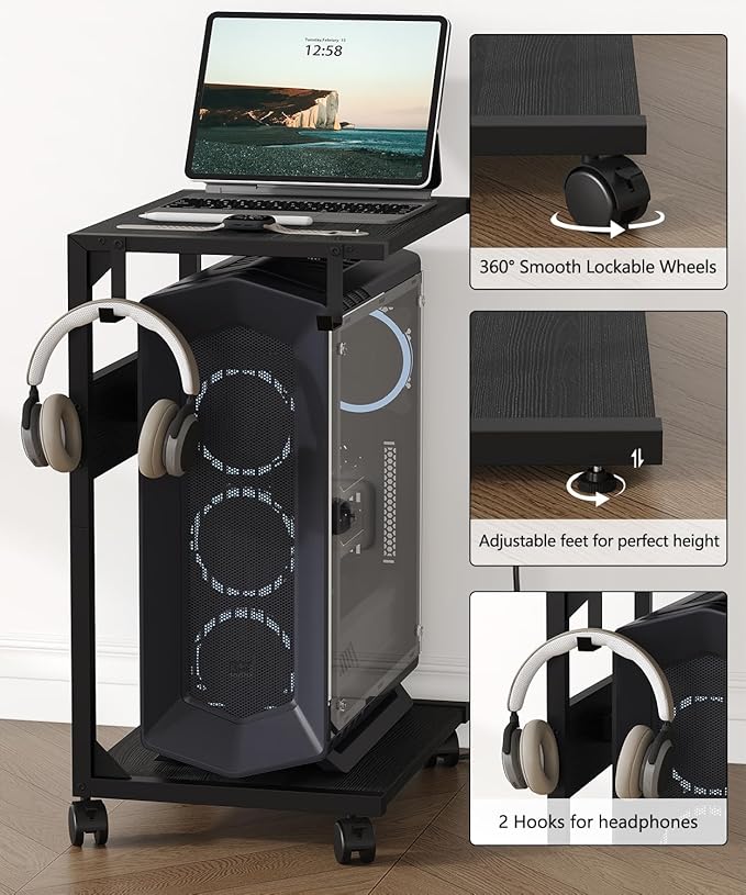 2 Tier Computer Tower Stand with Charging Station, 11.8" D x 16.5" W Rolling Floor PC Tower Stand Fits Under Desk, CPU Holder Cart for Carpet with Hooks, Home Office