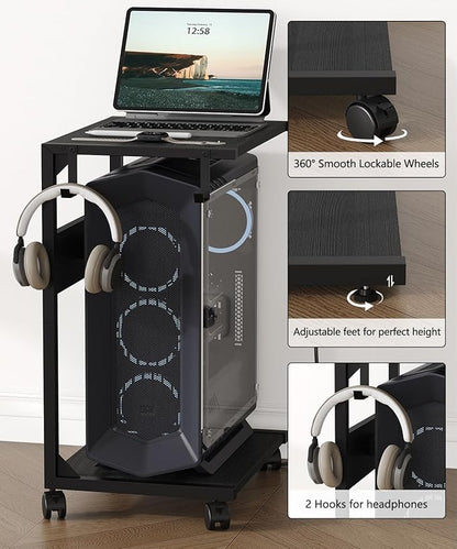 2 Tier Computer Tower Stand with Charging Station, 11.8" D x 16.5" W Rolling Floor PC Tower Stand Fits Under Desk, CPU Holder Cart for Carpet with Hooks, Home Office