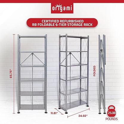 Origami RB Foldable 6 Tier Storage Rack with Wheels, Tall/Slim Model, Silver, Renewed