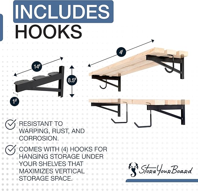 StoreYourBoard 14 Inch Heavy Duty Shelf Brackets, Set of 4 for 1' x 4' DIY Garage Wall Shelves, Holds 600 lbs, Solid Steel, Includes 4 Hooks for Hanging Storage, 14" x 1" x 8.5"