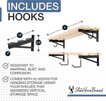 StoreYourBoard 14 Inch Heavy Duty Shelf Brackets, Set of 4 for 1' x 4' DIY Garage Wall Shelves, Holds 600 lbs, Solid Steel, Includes 4 Hooks for Hanging Storage, 14" x 1" x 8.5"