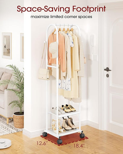 Clothes Rack - Space-Saving Clothing Rack with Wheels, 2-Tier Dense Mesh Shoe Shelves & 4 Hooks, Garment Rack for Bedroom, Entryway, Closet, 18.4" x 12.6" x 72", White