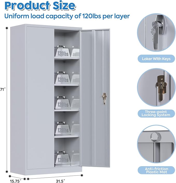 Metal Garage Storage Cabinet, Steel Lockable File Cabinet with 2 Doors and 4 Adjustable Shelves for Garage Home Office Storage, Assembly Required, Gray, 71" H