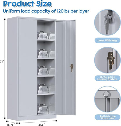 Metal Garage Storage Cabinet, Steel Lockable File Cabinet with 2 Doors and 4 Adjustable Shelves for Garage Home Office Storage, Assembly Required, Gray, 71" H