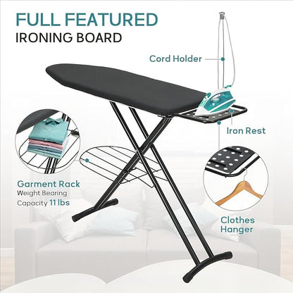 Ironing Board 48x15 in, RAINHOL Large Heavy Duty Ironing Boards Full Size with Pad and Cover, Height Adjustable Iron Stand with Storage Tray and Iron Rest, Black