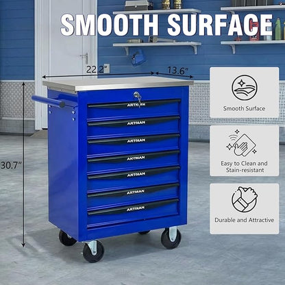 7-Drawer Rolling Tool Chest with Stainless Steel Countertop,Tool Chest with Secure Locking System,Mobile Storage Tool Cabinet with 360°Wheels and Padded Feet,for Home,Garage (Blue)