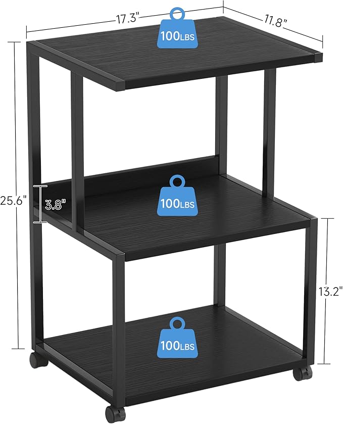 Mexin Black Printer Stand-Small 3 Tier Printer Table with Wheels, Industrial Rolling Printer Cart with Storage Shelf for Scanner Fax Home Office Use,17.5 x 11.8 Inches