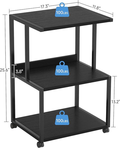 Mexin Black Printer Stand-Small 3 Tier Printer Table with Wheels, Industrial Rolling Printer Cart with Storage Shelf for Scanner Fax Home Office Use,17.5 x 11.8 Inches