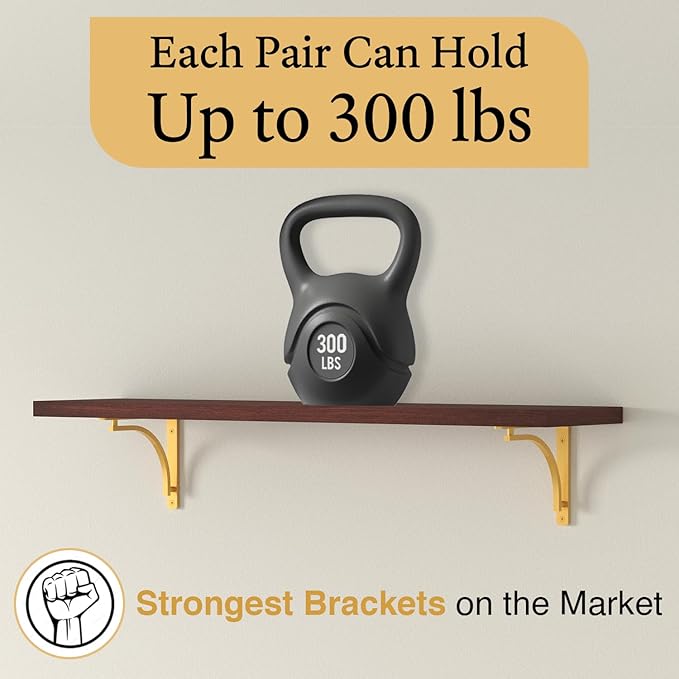 Classic Brass Heavy Duty Shelf Brackets 8 inch by Balin Designs – Gold L Bracket, Wall Mounted Support, Shelving Metal Bracket, Decorative Shelf Brackets, with Hardware Included, Set of 4