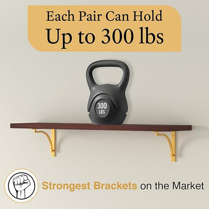 Classic Brass Heavy Duty Shelf Brackets 8 inch by Balin Designs – Gold L Bracket, Wall Mounted Support, Shelving Metal Bracket, Decorative Shelf Brackets, with Hardware Included, Set of 4