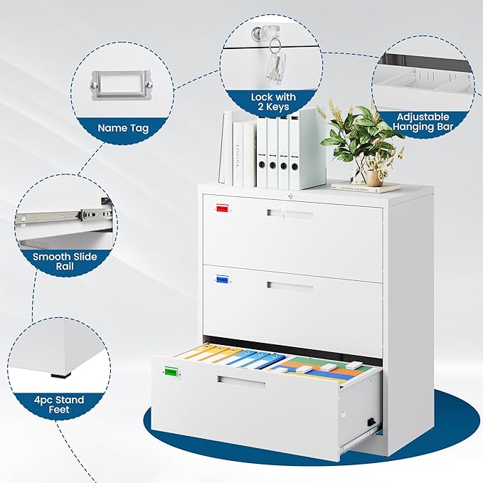 3 Drawer File Cabinet, Lateral Filing Cabinets for Home Office, Office Storage Drawers with Lock, Hanging Files Legal/Letter A4 Size (Assemble Required,White)