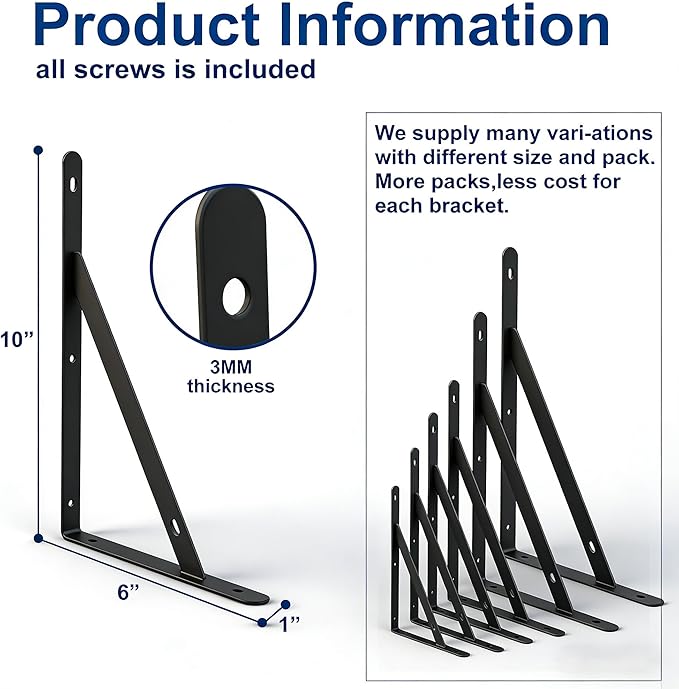 Shelf Brackets 10 Inch, Set of 4, Steel (Black, 10 inch 4 Pack)