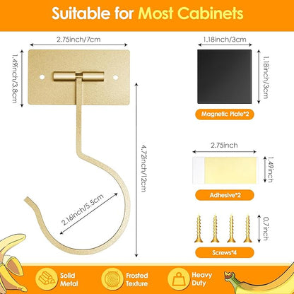 2PCS Self Adhesive Banana Hook Under Cabinet Foldable Banana Hanger Metal Under Counter Banana Hook to Keep Bananas Fresh Banana Holder for Kitchen RV Space Saving, Golden
