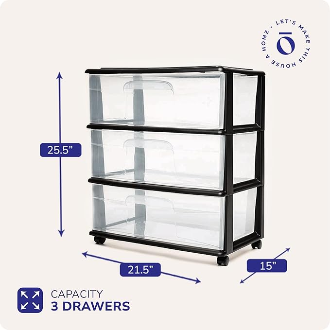 HOMZ Drawer Tower, 3-Tier Wide Clear Plastic Storage Organizer Cart, Black Frame - Organizing Containers with Wheels for Home, Bathroom, Bedroom, Office, and Classroom