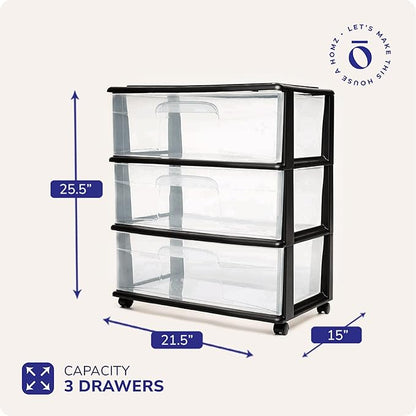 HOMZ Drawer Tower, 3-Tier Wide Clear Plastic Storage Organizer Cart, Black Frame - Organizing Containers with Wheels for Home, Bathroom, Bedroom, Office, and Classroom