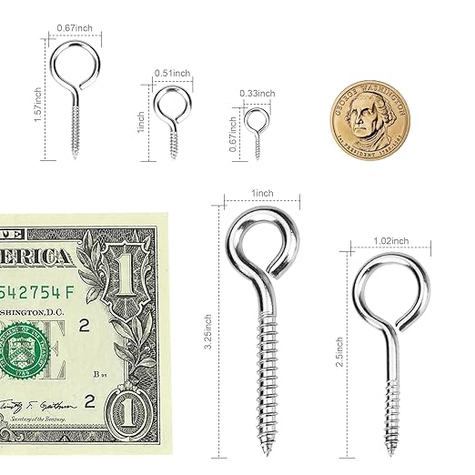 Aovchei Eye Screws, 8Pcs 3.25 inches 304 Heavy Duty Stainless Steel Screw Hooks, Rust-Resistant Self Tapping Eyelet Bolts for Wood, Securing Cables Wires, Indoor & Outdoor for Hanging Artwork