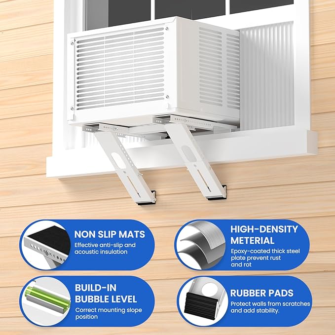 Air Conditioner Support Bracket: Heavy Duty with 2 Arms, Up to 220 lbs, Universal Window Units for 5,000 to 24,000 BTU, Anti-Slip AC Window Bracket with Level Indicator